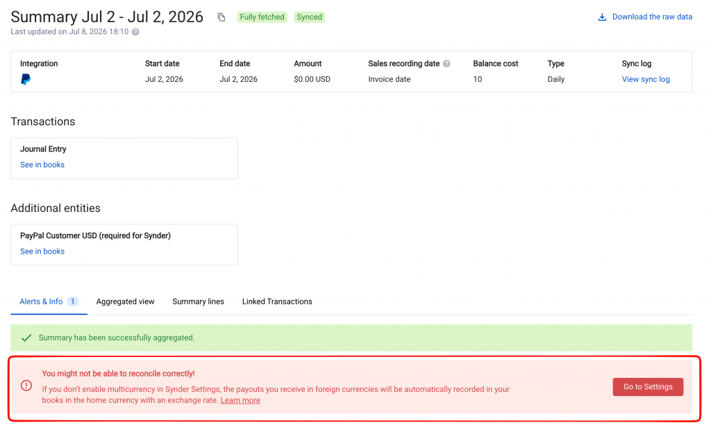 Synder summary detail view showing the multicurrency reconciliation warning
