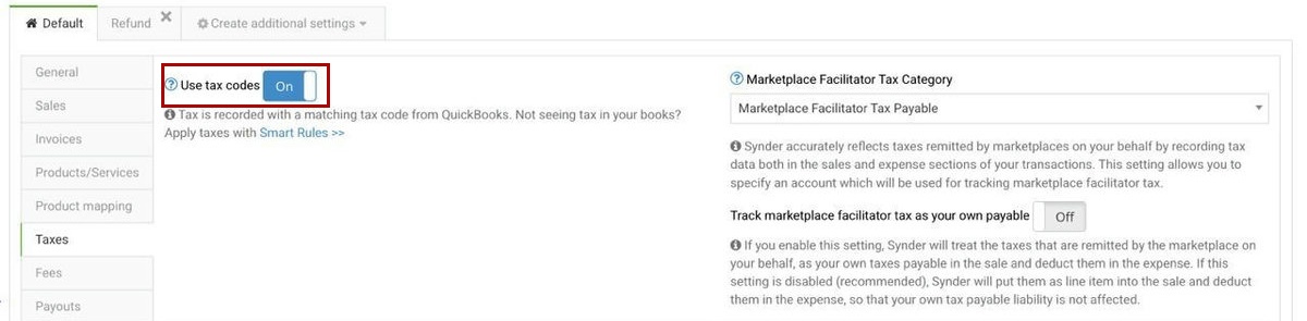 Customize your Synder settings for Amazon - Taxes tab with Use tax codes enabled