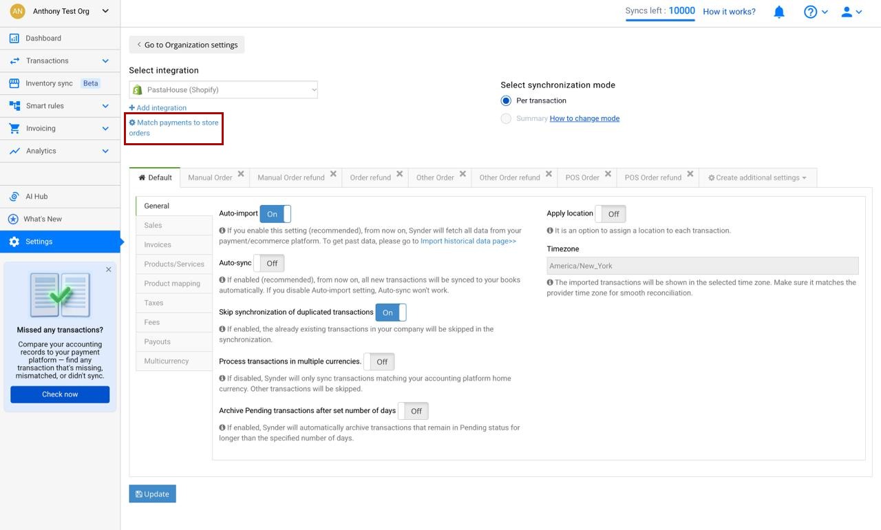 Match payments to store orders link under the selected integration in Synder settings