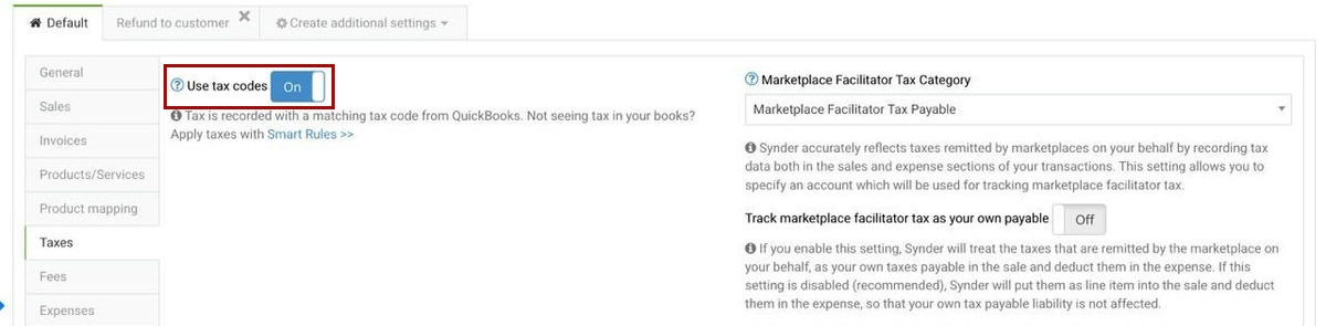 Customize your Synder PayPal settings - Taxes tab with Use tax codes enabled