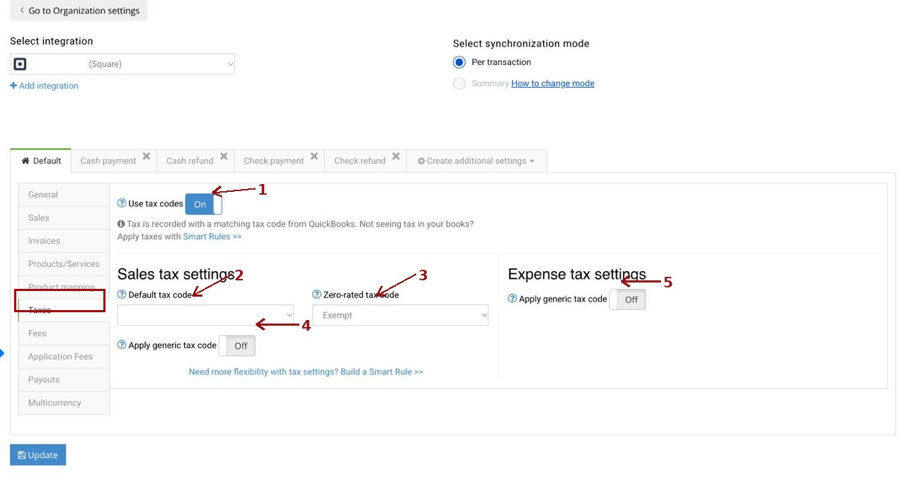Synder Square Taxes tab with Use tax codes enabled (QuickBooks Online)