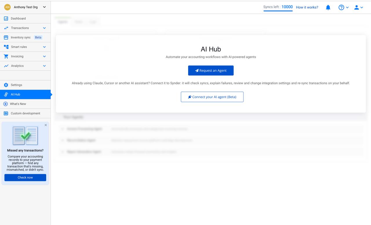 Synder AI Hub page with Request an Agent and Connect your AI agent Beta buttons