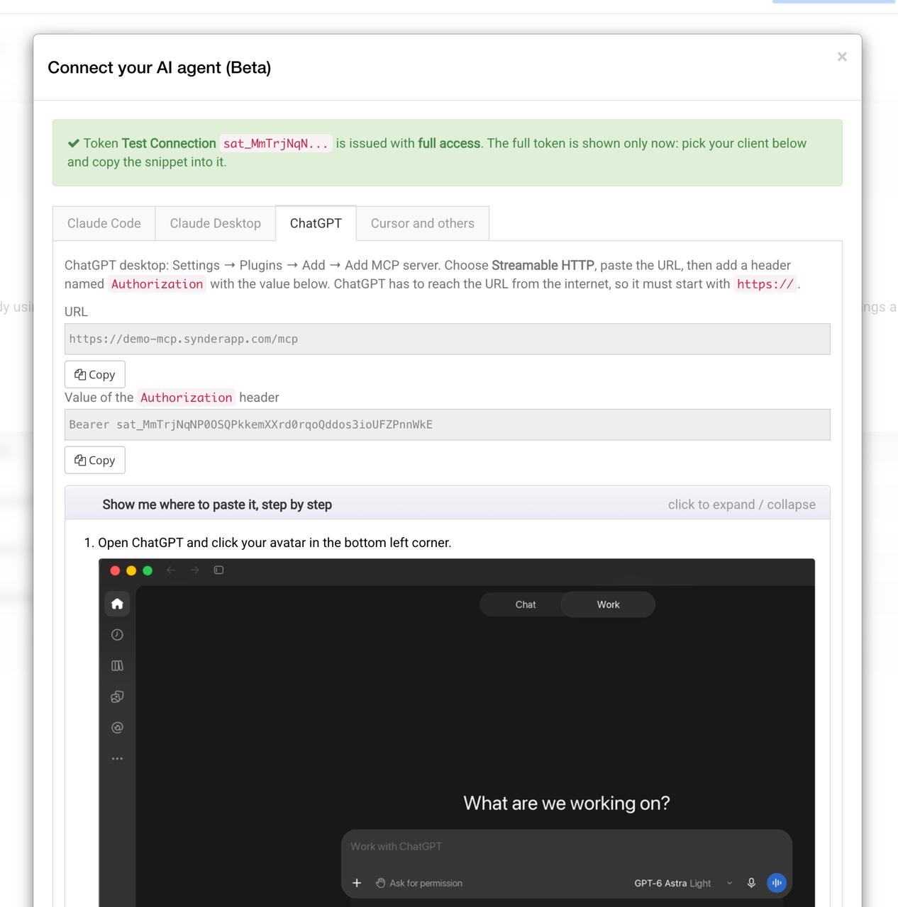 Connect your AI agent dialog showing tabs for Claude Code, Claude Desktop, ChatGPT, and Cursor with the MCP URL and Authorization header to copy