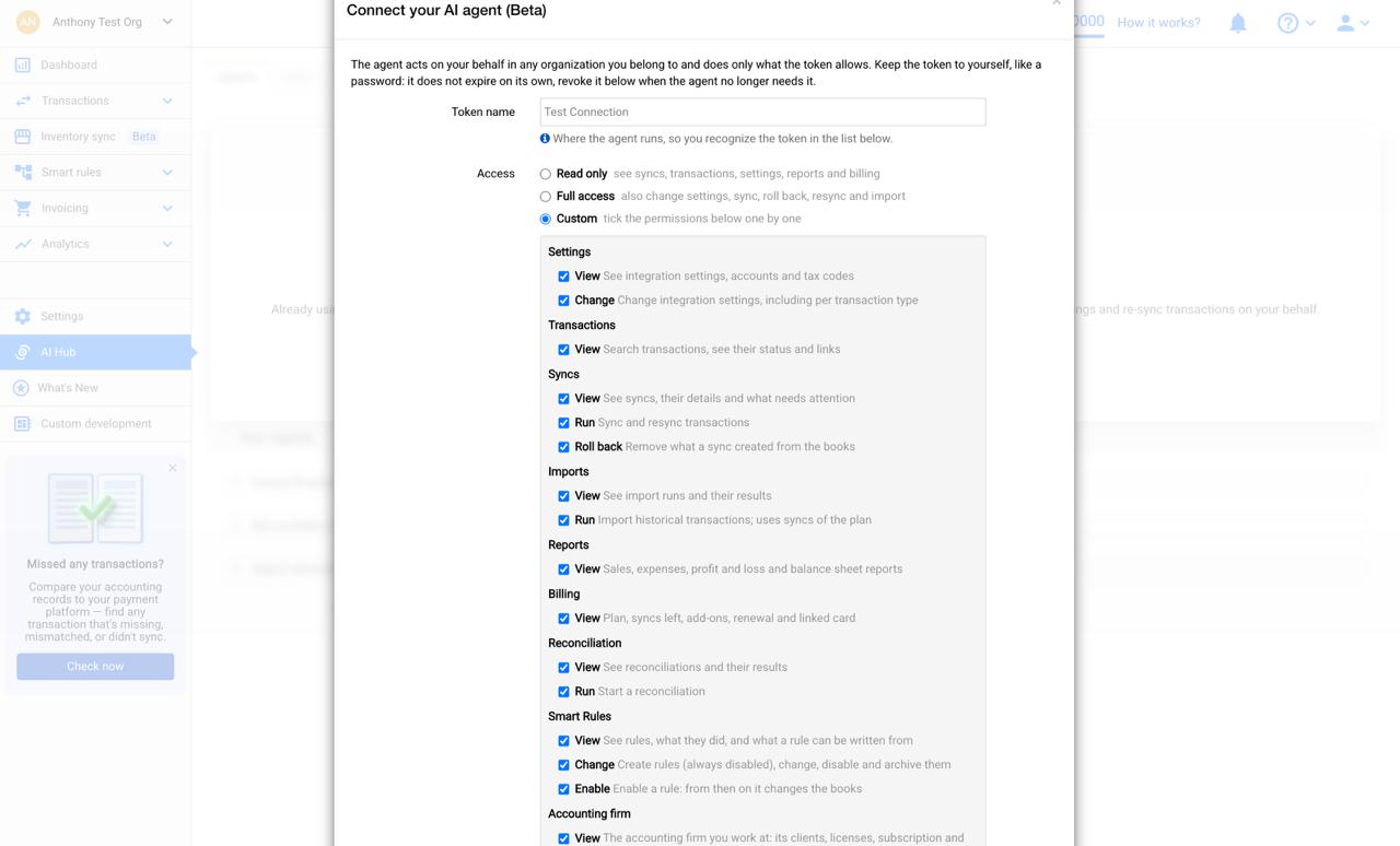 Connect your AI agent dialog with a token name field and access levels: Read only, Full access, or Custom permissions