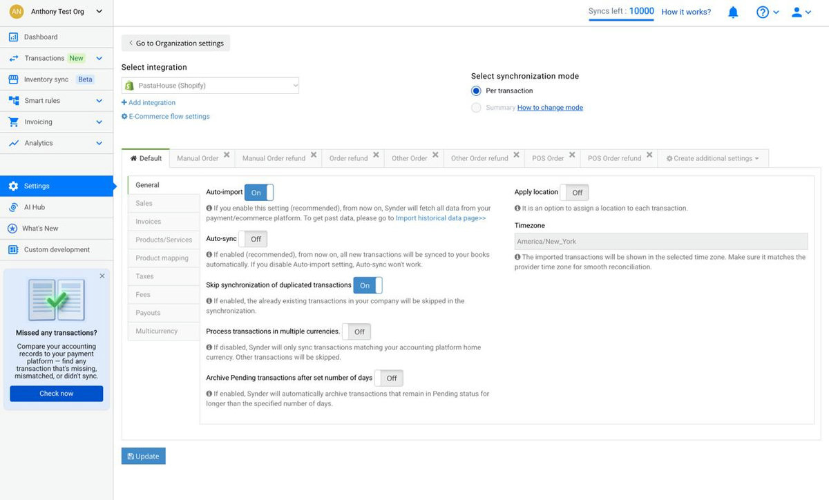 Synder general Settings page in Per Transaction mode with integration selection and sync settings