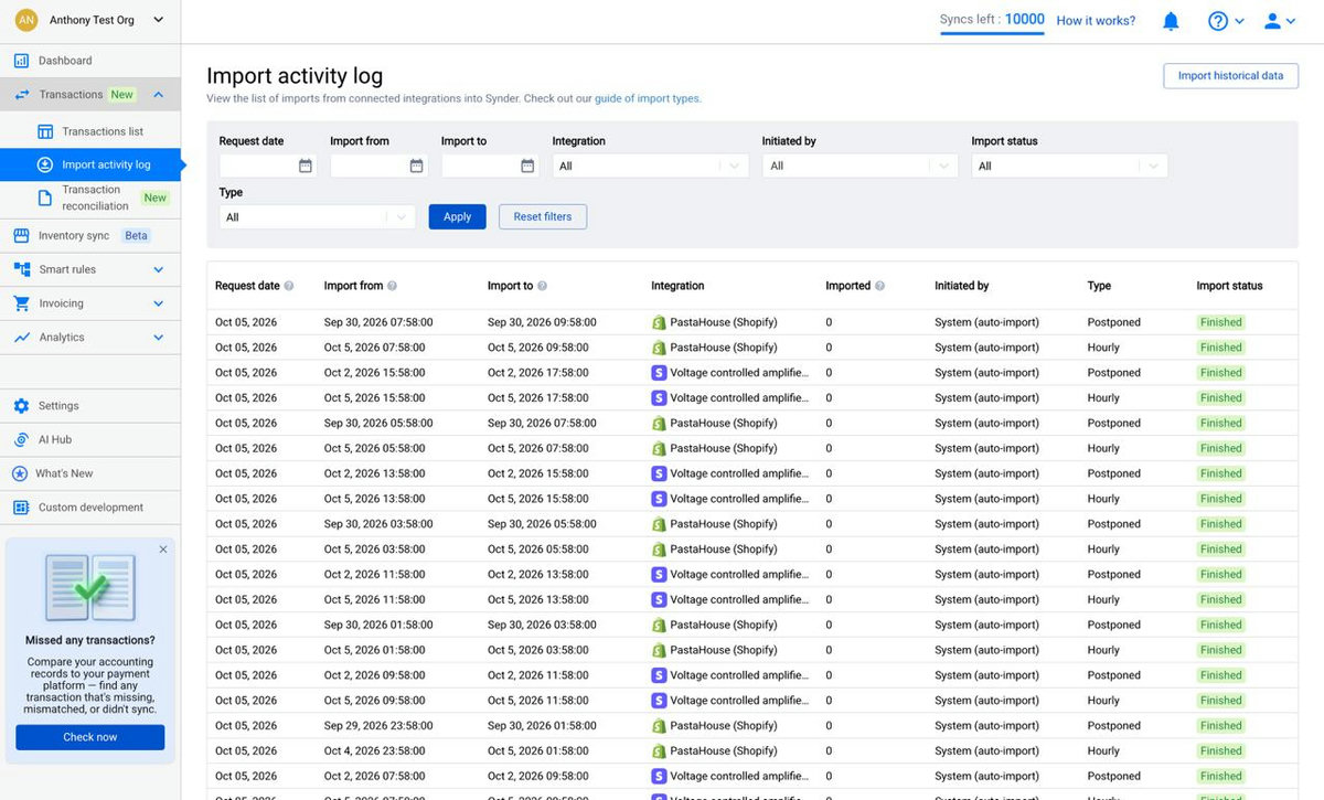 Synder Import activity log page listing import requests, source, type and status