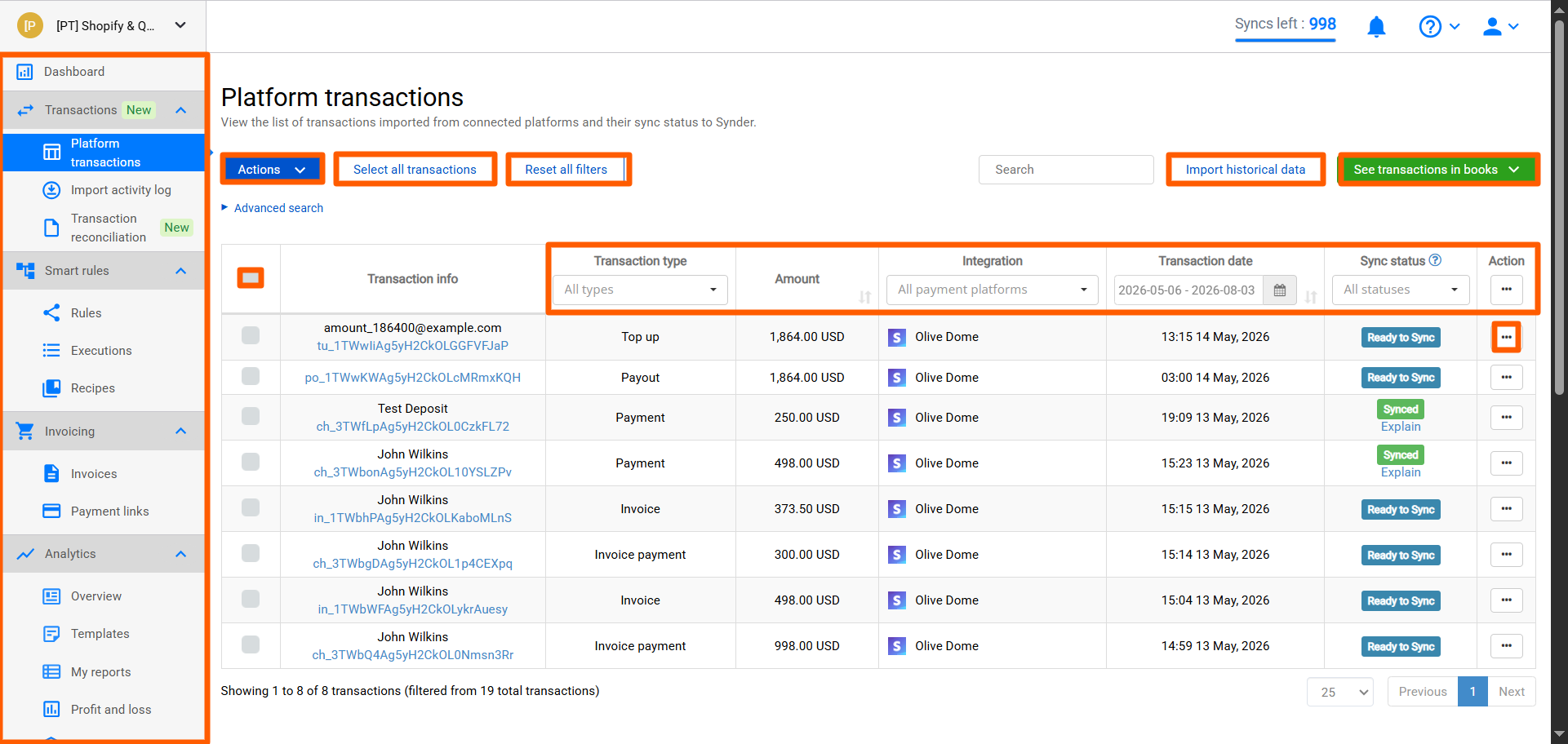 Synder Per Transaction mode left-hand navigation menu and the Platform transactions page