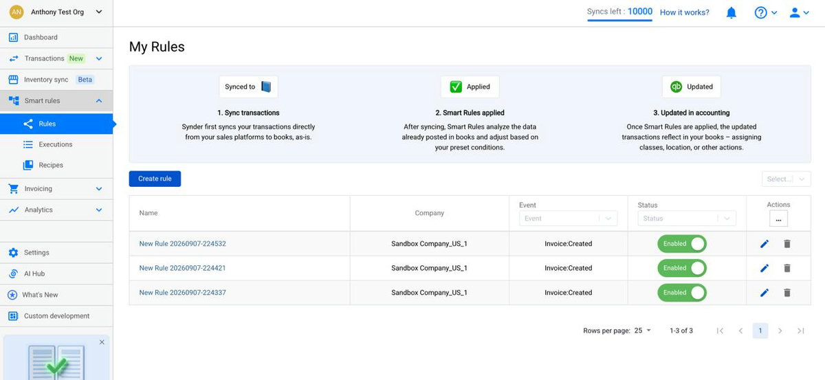 Synder Smart rules My Rules page with the Create rule button and the rules list