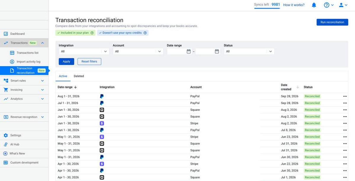 Synder Transaction reconciliation page with the Run reconciliation button and reconciled periods list