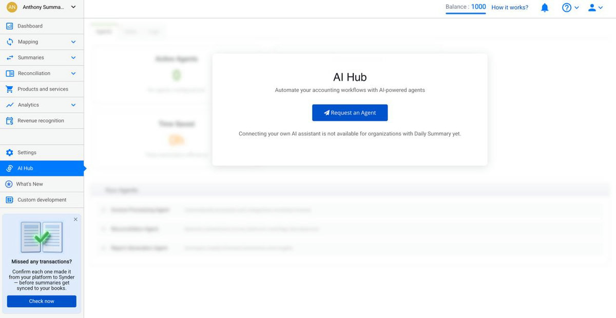 Synder AI Hub page to automate accounting workflows with AI agents