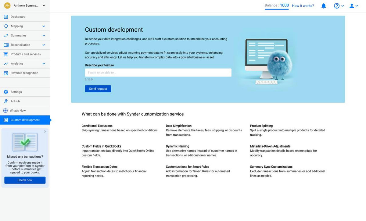Synder Custom development page to request a tailored data integration solution