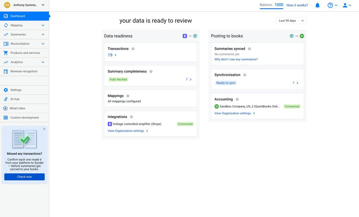 Synder Summary Sync Dashboard showing data readiness and posting to books
