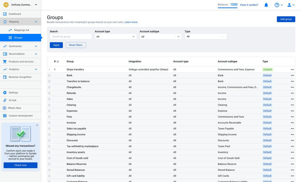 Synder Summary Sync Groups page with Add group button and default and custom groups