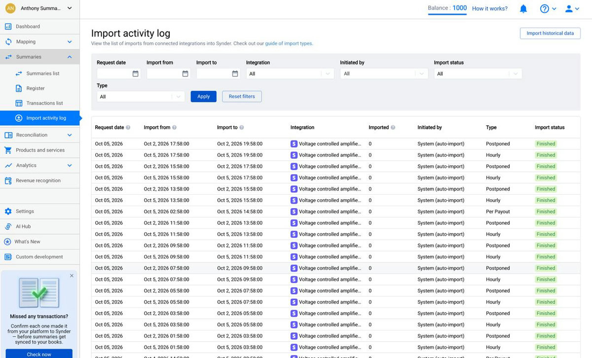 Synder Summary Sync Import activity log page listing imports and their status