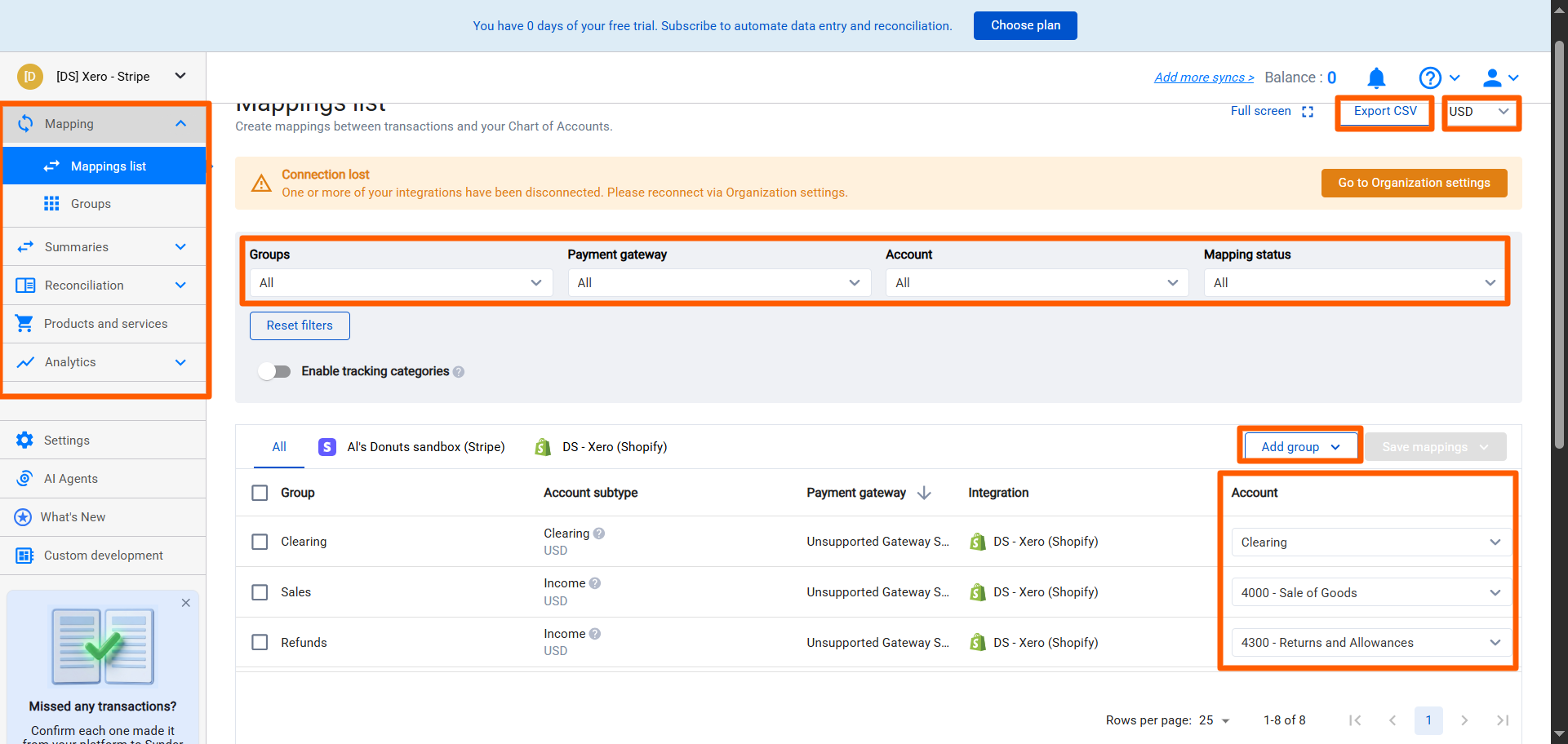 Synder Summary Sync Mappings list page
