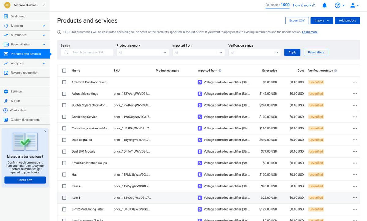 Synder Products and services page used for COGS in summaries