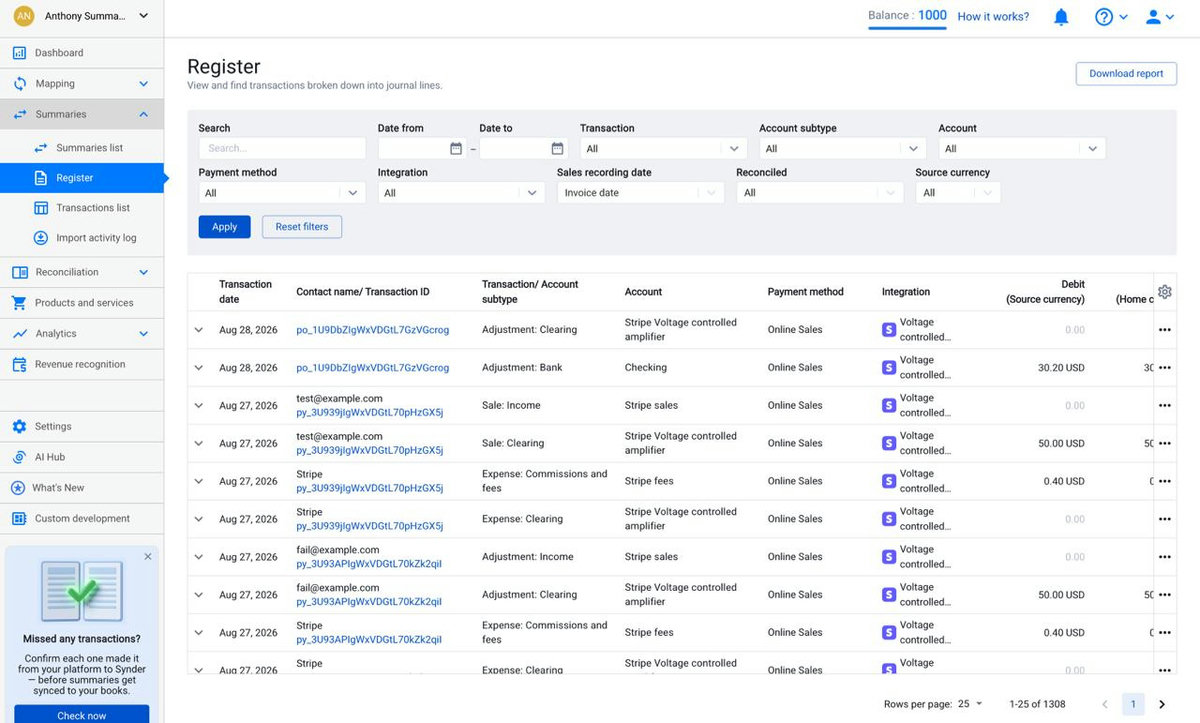 Synder Register page showing transactions broken down into journal lines