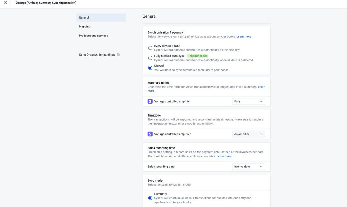 Synder Summary Sync general Settings page with synchronization frequency, summary period, and sync mode