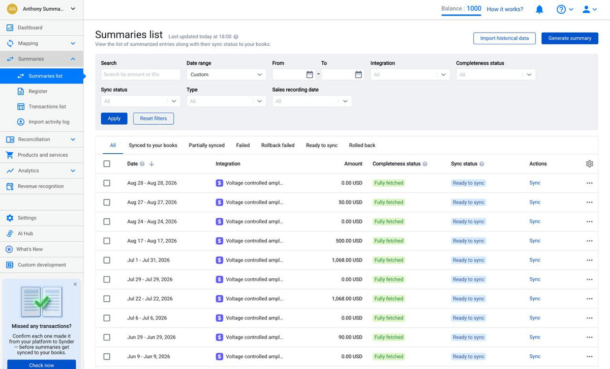Synder Summaries list page with Generate summary and Import historical data buttons