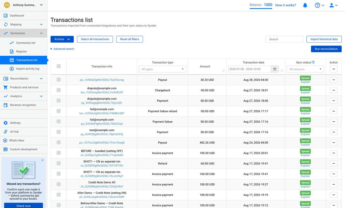 Synder Summary Sync Transactions list showing imported transactions and sync status