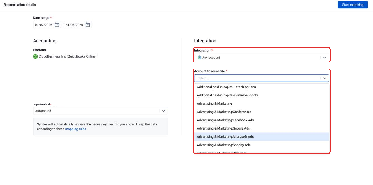 Reconciliation setup with Any account selected and the Account to reconcile list open