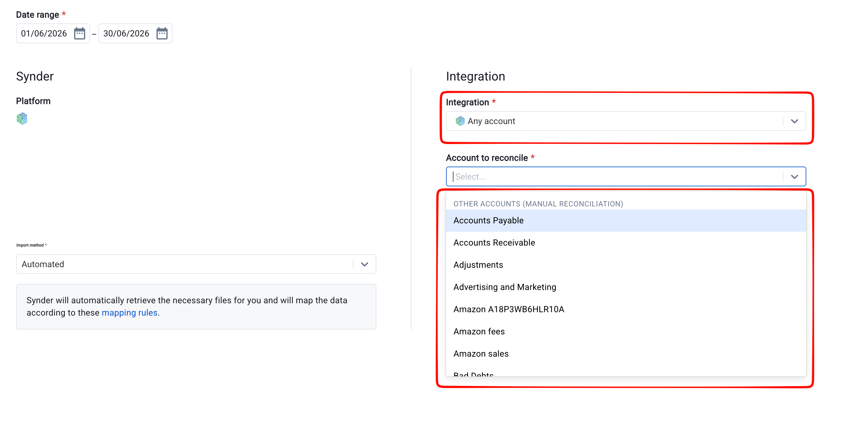 Any account option selected in the Integration dropdown with all book accounts listed below