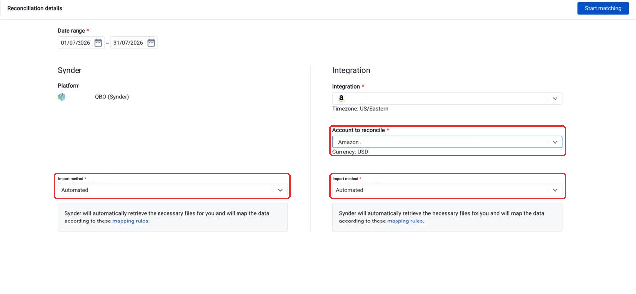 Summary Sync reconciliation setup showing the Synder and Integration columns