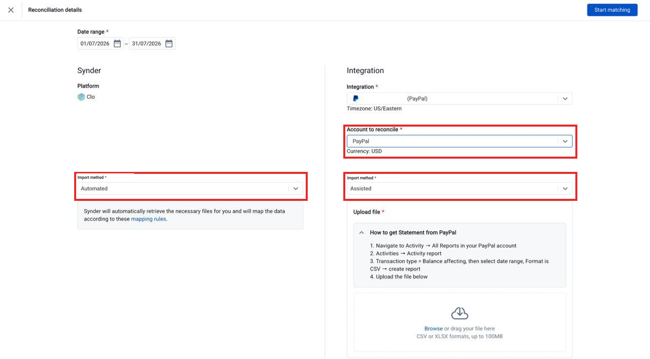 PayPal reconciliation setup in Summary Sync with Account to reconcile and Assisted import method